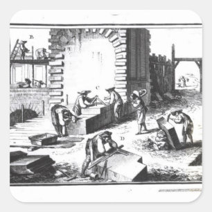 Stonemasons at work, engraved by Lucotte Square Sticker