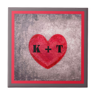Stonewashed Heart in Grey and Red Monogrammed Tile