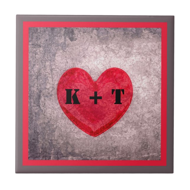Stonewashed Heart in Grey and Red Monogrammed Tile (Front)