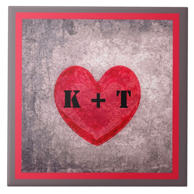 Stonewashed Heart in Grey and Red Monogrammed Tile (Front)