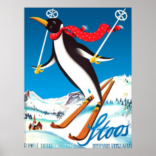 Stoos, Penguin on a ski, Switzerland mountains Poster