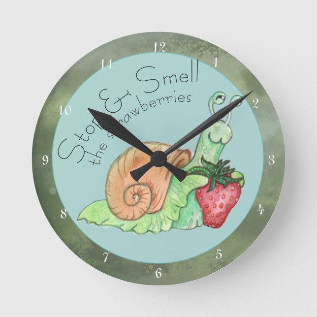 Stop and Smell the Strawberries Snail  Round Clock (Front)
