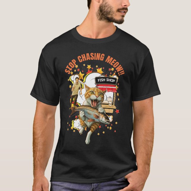 Stop Chasing Meow Men Black T-Shirt (Devant)