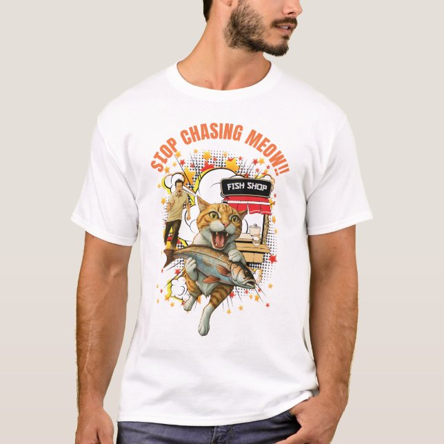 Stop Chasing Meow Men White T-Shirt (Devant)