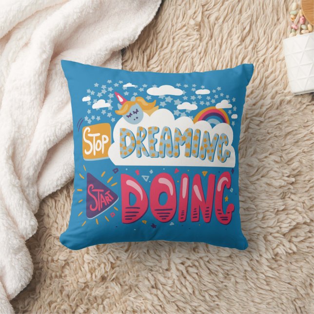 Stop Dreaming, Start Doing Steel Blue Throw Pillow (Blanket)