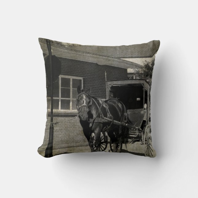 Stop For a Spell, Amish Buggy Horse in sepia Throw Pillow (Front)