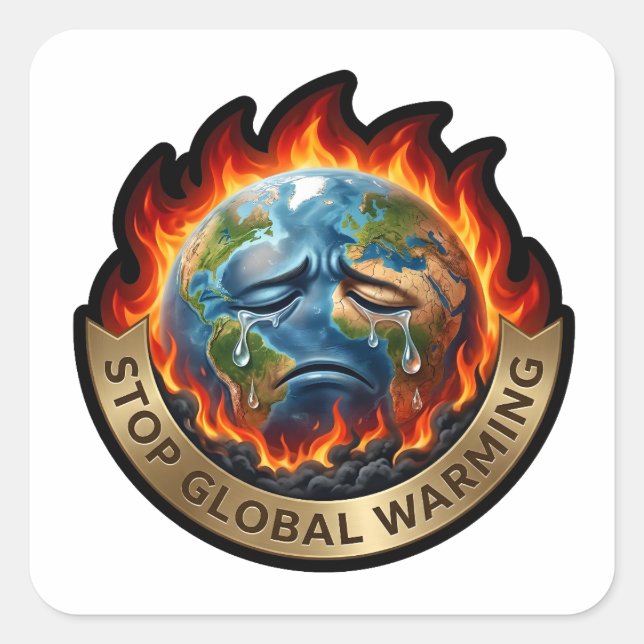 Stop Global Warming Crying Earth Flame Environment Square Sticker (Front)