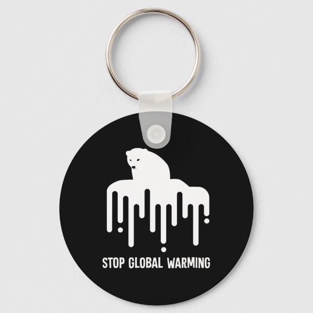 Stop Glol Warming Climate Change Polar Bear Enviro Keychain (Front)