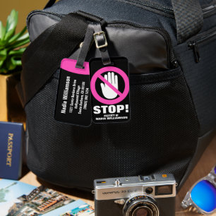 Stop Hands off warning pink girls name luggage tag