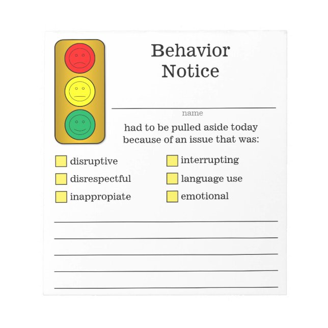 Stop Light Student Behaviour Notice Notepad (Front)
