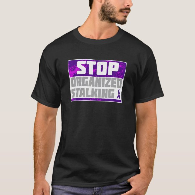 Stop Organized Stalking Online Indigo Ribbon Tshir T-Shirt (Front)