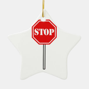 STOP RED WHITE WARNING SIGN HEXAGON SHAPE GRAPHIC CERAMIC ORNAMENT
