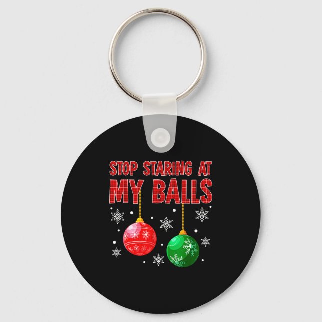 Stop Staring At My Red Plaid Ugly Sweater Couple  Keychain (Front)
