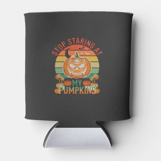 Stop Staring Pumpkins Halloween Skull Retro Sunset Can Cooler (Front)