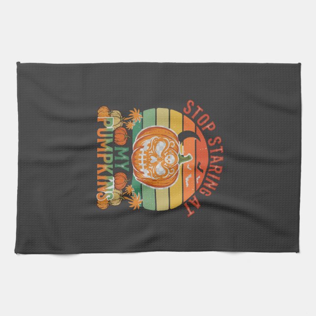 Stop Staring Pumpkins Halloween Skull Retro Sunset Kitchen Towel (Horizontal)