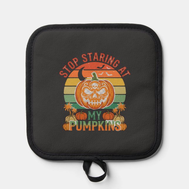 Stop Staring Pumpkins Halloween Skull Retro Sunset Pot Holder (Front)