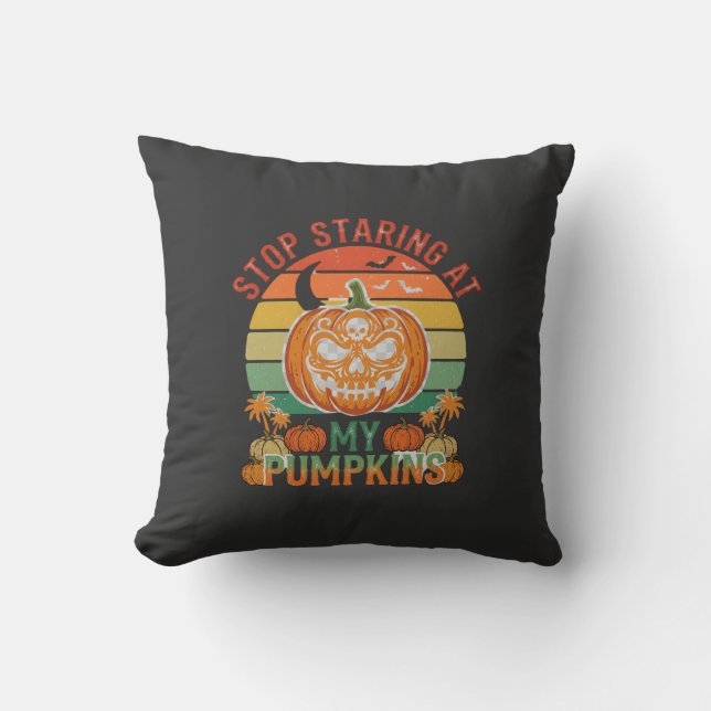 Stop Staring Pumpkins Halloween Skull Retro Sunset Throw Pillow (Front)