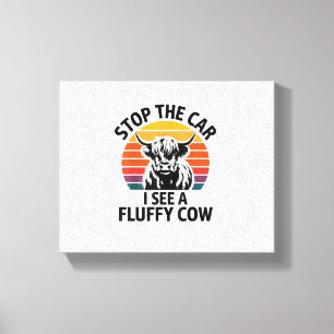 Stop The Car I See Fluffy Cow Retro Highland Cow L Canvas Print