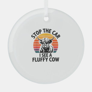 Stop The Car I See Fluffy Cow Retro Highland Cow L Glass Ornament