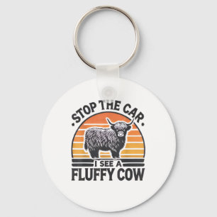 Stop The Car I See Fluffy Cow Retro Highland Cow L Keychain