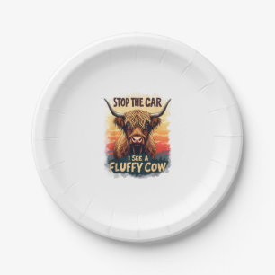 Stop The Car I See Fluffy Cow Retro Highland Cow p Paper Plate
