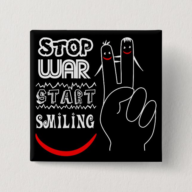 Stop War Start Smiling Peace Sign Funny Drawing 2 Inch Square Button (Front)