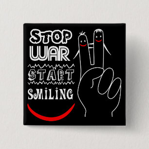 Stop War Start Smiling Peace Sign Funny Drawing 2 Inch Square Button