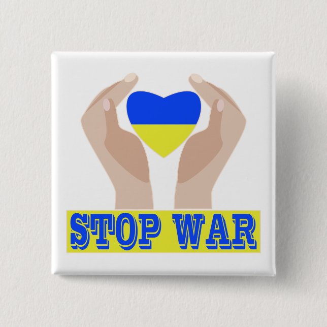 Stop war Ukrainian flag heart in hands 2 Inch Square Button (Front)