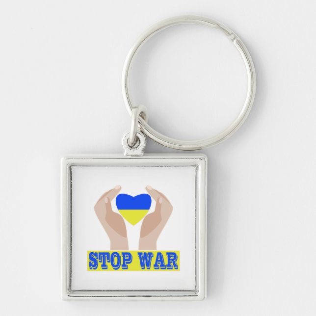 Stop war Ukrainian flag heart in hands  Keychain (Front)