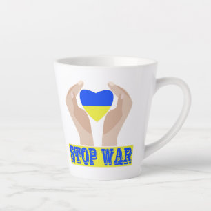 Stop war Ukrainian flag heart in hands Latte Mug