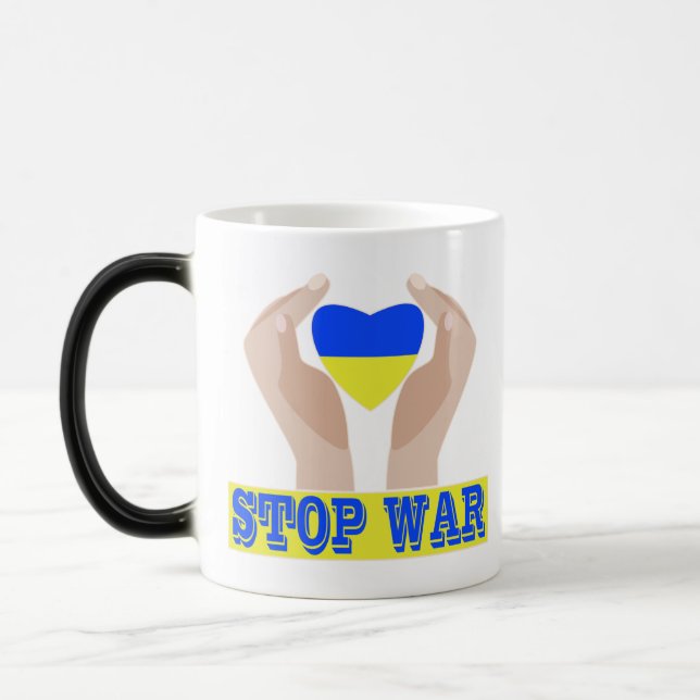 Stop war Ukrainian flag heart in hands Magic Mug (Left)