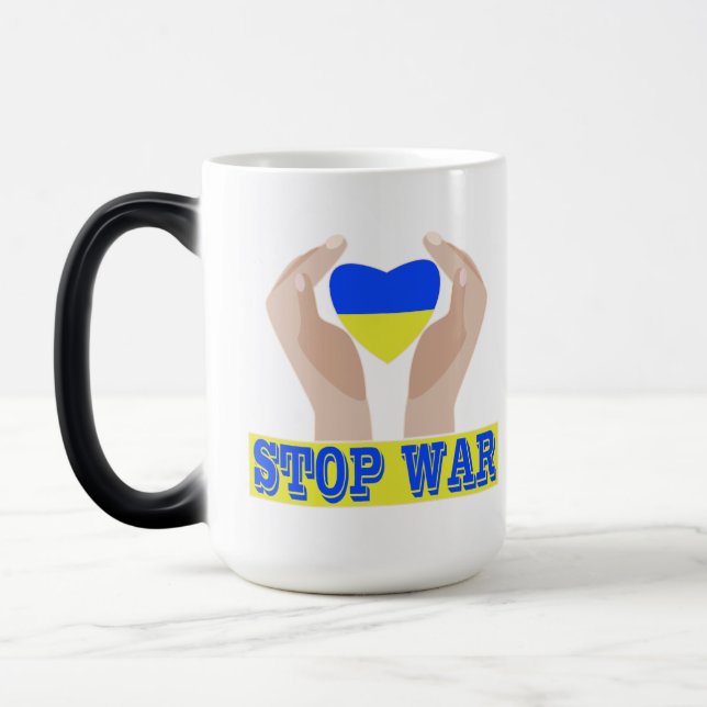 Stop war Ukrainian flag heart in hands   Magic Mug (Left)
