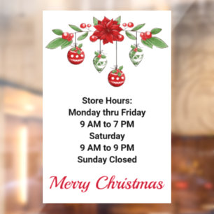 Store Hours Christmas Holiday Motif Custom Text  W Window Cling