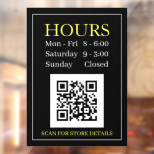 Store Hours Open Sign, QR Code, Black Yellow White Window Cling