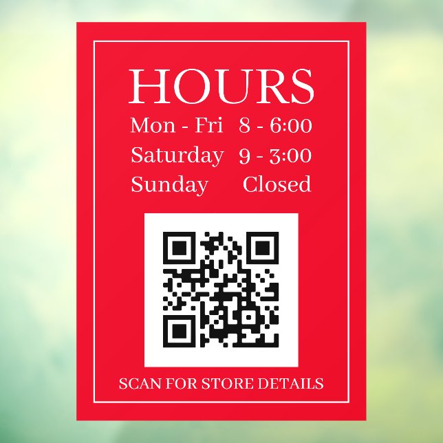 Store Hours Open Sign, QR Code, Red & White Window Cling (Sheet 3)