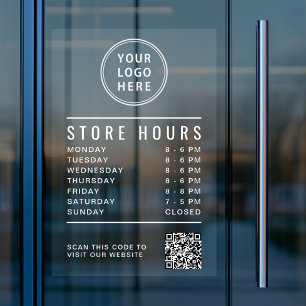 Store Hours QR Code Business Logo White Lettering Window Cling