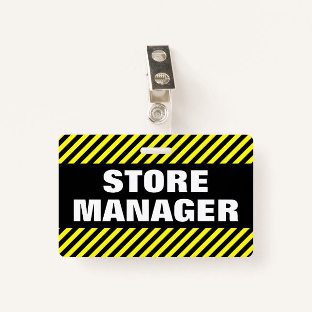 "STORE MANAGER" + Black & Yellow Stripes Badge (Front with Clip)