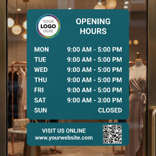 Store Opening Hours Signage With QR Code - Teal Window Cling