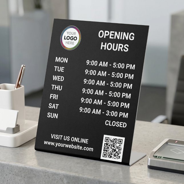 Store Opening Hours With Logo + QR Code - Black Pedestal Sign (Creator Uploaded)