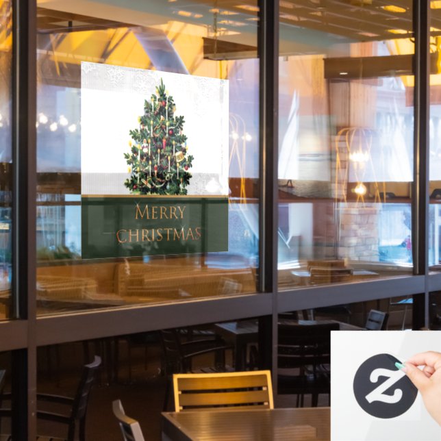 Storefront Merry Christmas Tree with Snowflakes Window Cling (Restaurant Window)