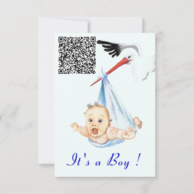 Stork and Baby Boy Shower Invitation QR Code Info (Back)