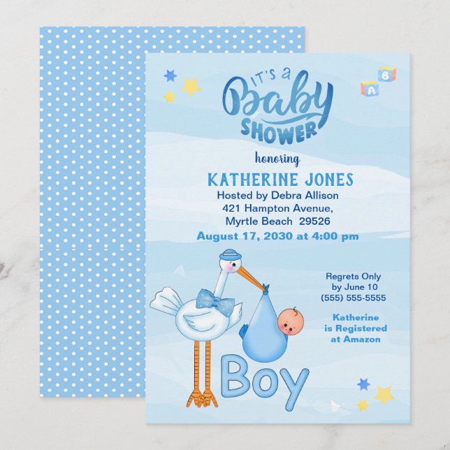 Stork and Baby  Boy Shower Invitations (Front/Back)