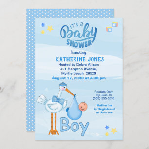 Stork and Baby  Boy Shower Invitations