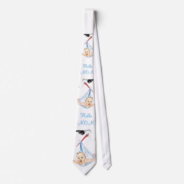 Stork and Baby Funny Neck Tie Text - Hello Mom (Front)