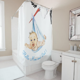 Stork and Baby Funny Shower Curtain - Custom Text