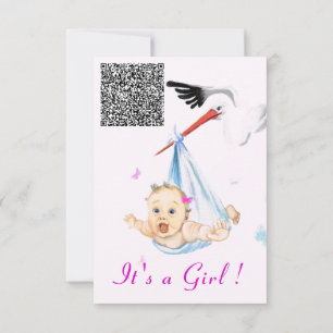 Stork and Baby Girl Shower Invitation with QR Code