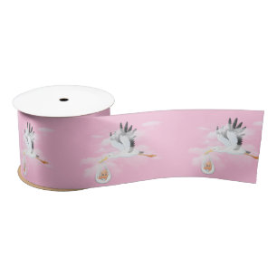 Stork and Baby on Pink Satin Ribbon