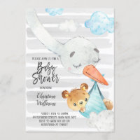 Stork and Bear Cub Boy Baby Shower Blue & Grey