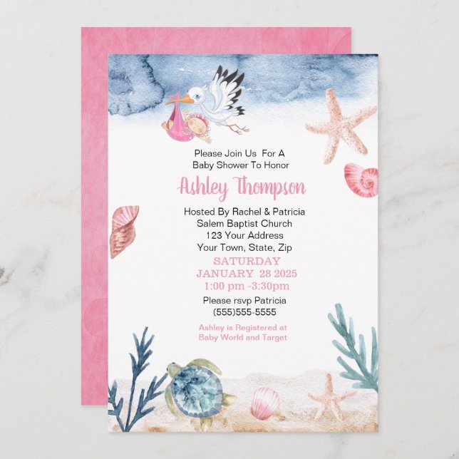 Stork and Ocean Girl  Baby Shower Invitation (Front/Back)