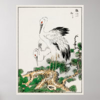 Stork and Pine Tree vintage Japanese woodblock art